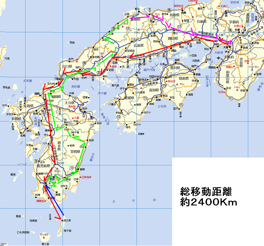新大阪から種子島までの地図